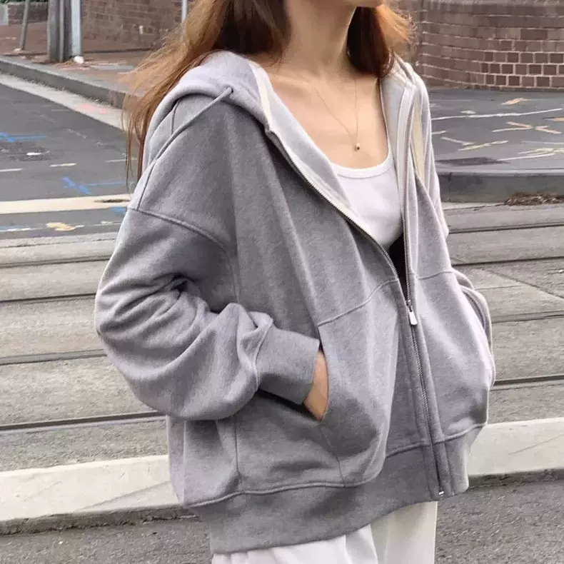 现货 2026春季新韩国东大门OU*CE宽松休闲纯色连帽拉链卫衣外套女