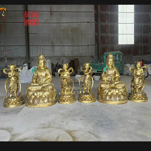 Bronze Sculpture of the Lion Goddess of Mercy, Brass Casting Seated Statue of Avalokiteshvara, with the Young Bodhisattva on the Left and Right as Guardian Deities