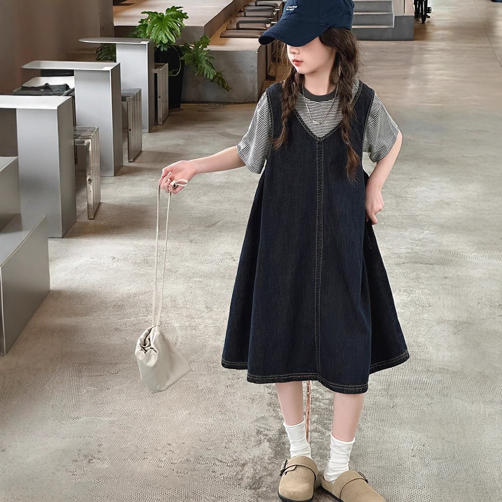 Girls' Summer Denim dress suit 2025 New Girls Striped Short-sleeved T-shirt Vesel Skirt Two-piece Set