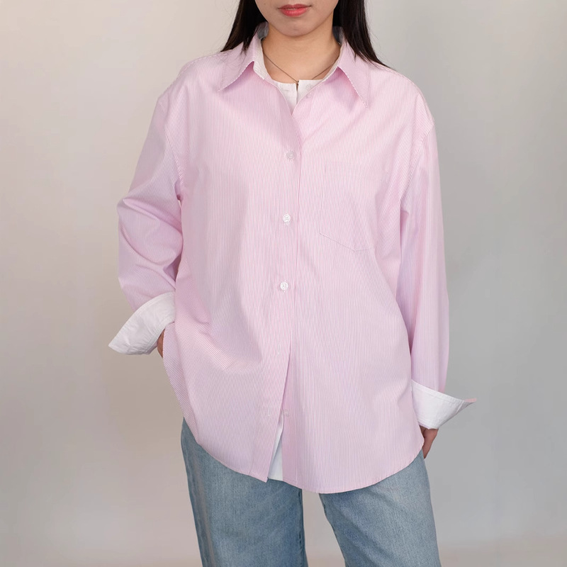 25 Spring and Summer Stacked Wear Aesthetic Lazy Striped Shirt Simple Contrast Color Fake Two-piece Temperament Design Sense Layering Top