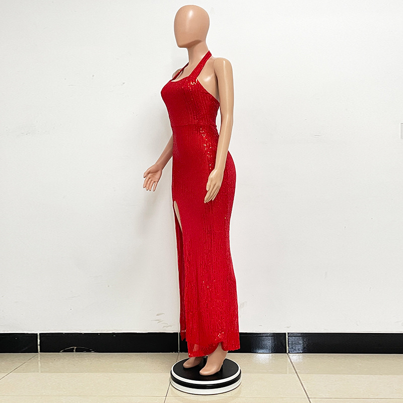 Cocktailjurk voor dames met split pailletten en halterstijl_voghion.com