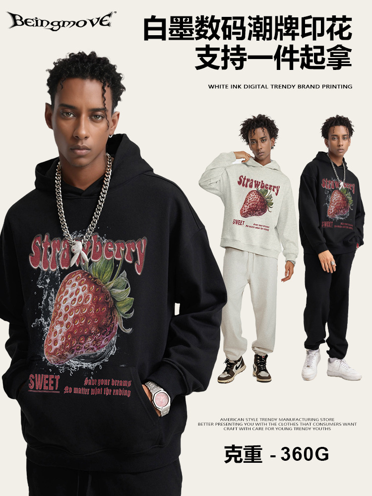 2025 otoño estilo americano de moda alta calle delgada suelta viento neutro impresión de fresa sudadera con capuchón chaqueta de comercio exterior para hombres