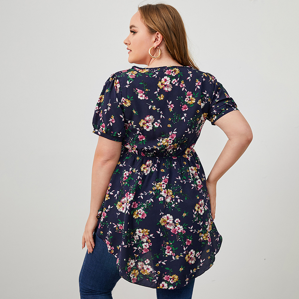 Plus Size Mid-Length V-Neck Short Sleeve Flower Print Top NSWCJ112800