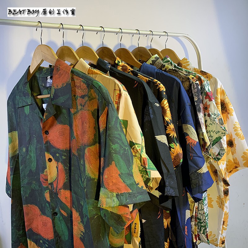 2026 Cross-Border Hot-Selling Vintage Oil Painting Print Shirt for Men, Trendy Hong Kong Style Couple Short-Sleeve Casual Shirt for Women