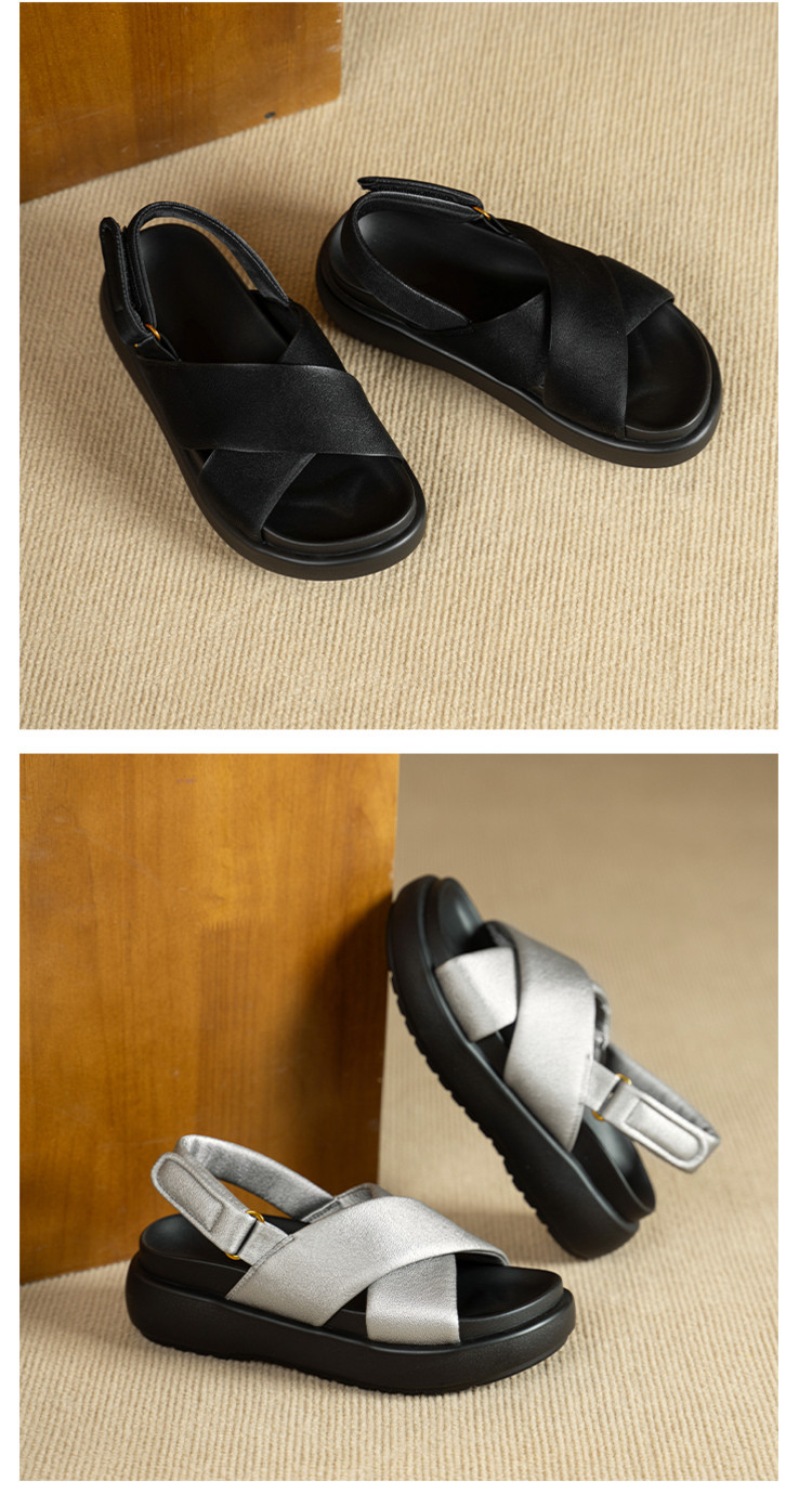Dép sandal nữ đế xuồng quai hậu mùa hè mới thời trang, thoải mái, đa năng, đế dày, tăng chiều cao, kiểu dáng mở mũi — đen, bạc chi tiết 10