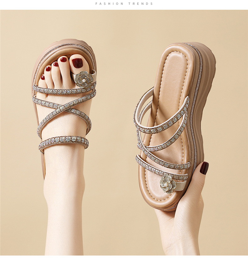Dép sandal nữ xỏ ngón đế xuồng đính đá rhinestone phong cách Pháp La Mã — 7247 Màu đen, 7247 màu be chi tiết 12