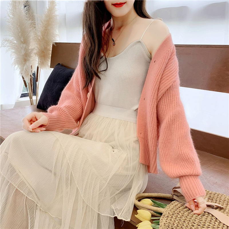 French V-Neck Candy Color Long Sleeve Cardigan Women's Loose Knit Sweater Coat Casual Elegant Outerwear_ecoleips.com