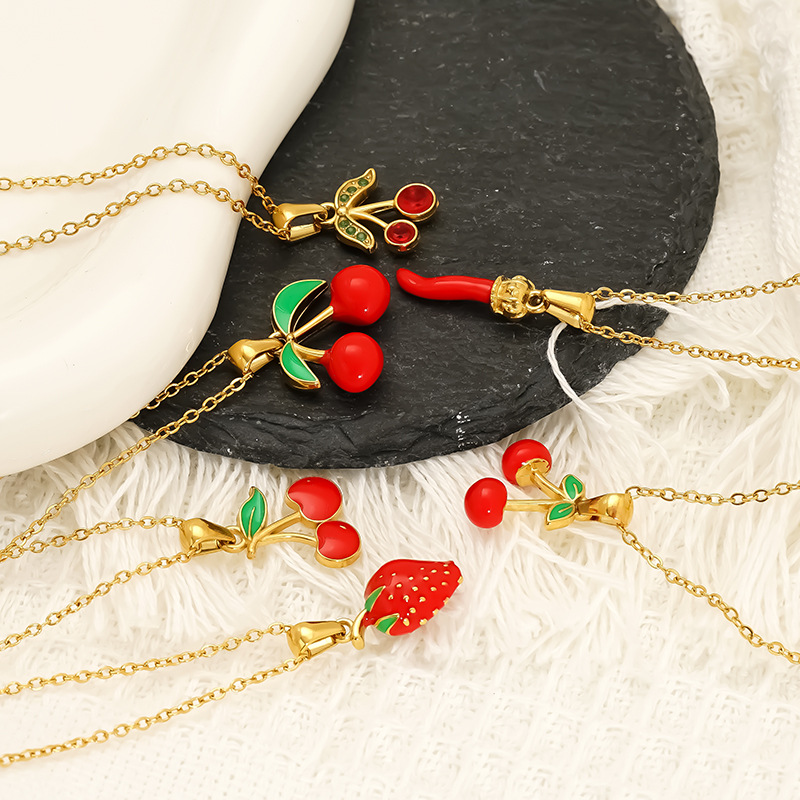Colgante de cereza de aceite de varios estilos – collar de clavícula de acero inoxidable, de alta gama