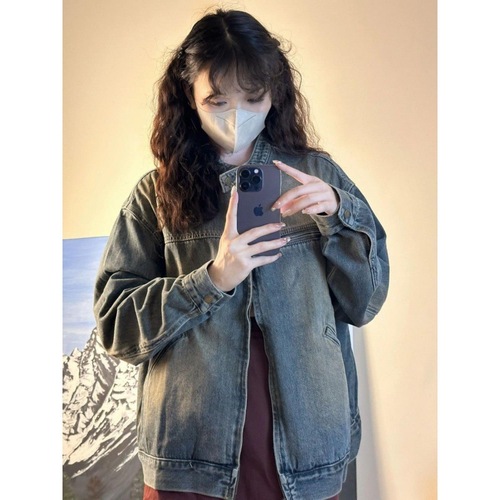 Women's Autumn Korean Style Loose and Slimming Casual Washed Distressed Open Cardigan Jacket Top Fashion