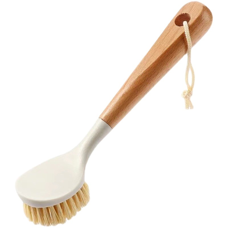 Cepillo para ollas de madera de haya, cepillo para lavar platos, cepillo de limpieza para eliminar manchas, cepillo de sisal con mango largo, cepillo para ollas de cocina con diseño para colgar.