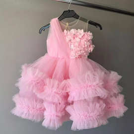 春季新款外贸儿童礼服仙女蓬蓬纱公主裙粉色立体花朵baby dress