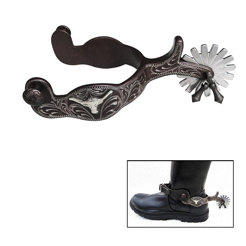 Hair bronze western style spurs inlaid with German silver decorative board hand carved Denim spurs [SP5107]]