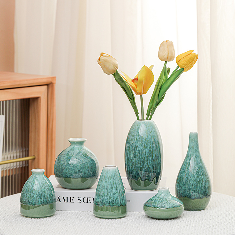 青石釉禅意花器日式手工创意流釉陶瓷花插家居复古小花瓶摆件跨境