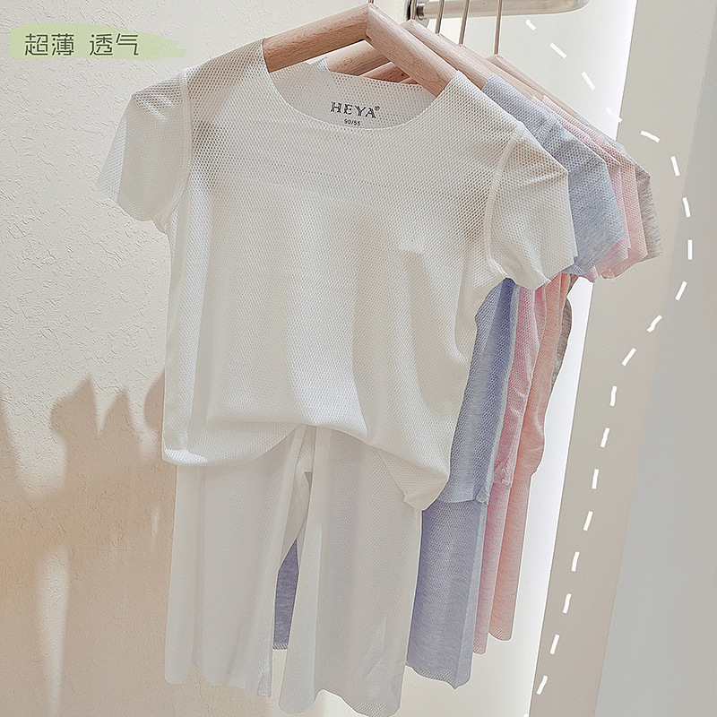 Ultra-thin Short-sleeved Cropped Pants Set Children's Breathable Seamless Mesh Modal Home Set Cool Air-conditioning Clothing Pajamas