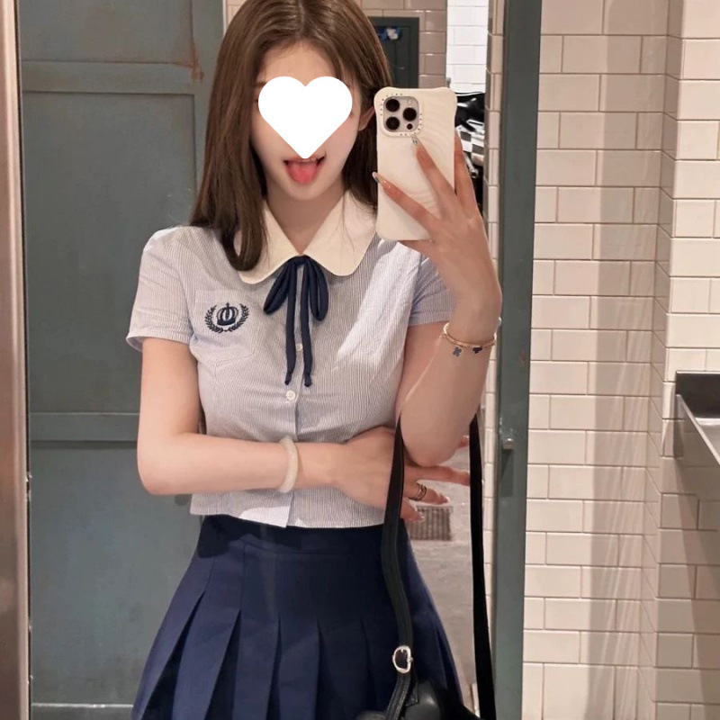 파란색 줄무늬 셔츠 + 검정 스커트 [3종세트]