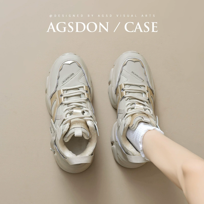 Женские кроссовки Augu Shiden 2025: новая зимняя модель на толстой подошве, уменьшающая размер стопы, повседневные спортивные хлопковые кеды на флисовой подкладке, тренд на Instagram.