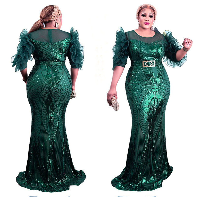 Women's Clothing supply women's sequin dress slim fishtail dress bubble mesh sleeve fashion evening dress_voghion.com