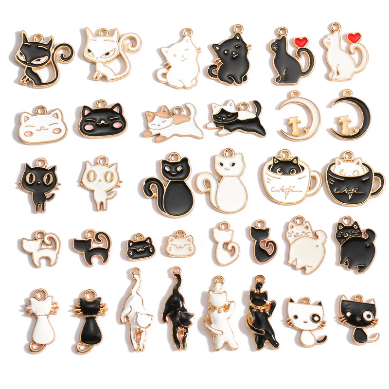DIY滴油合金饰品配件黑白猫猫小猫咪吊坠 手链项链耳环吊坠W478