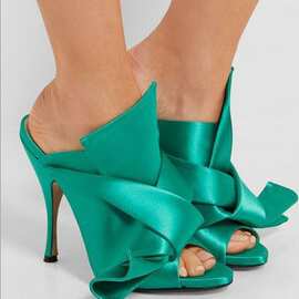 外贸货源纯色绸布蝴蝶结露趾简约拖鞋 women slippers高跟鞋