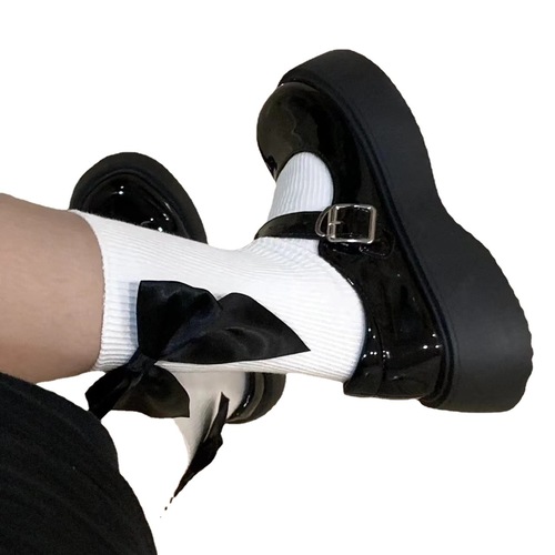Lolita black bow socks for women in spring and summer Korean style all-match sweet jk mid-calf socks with small leather shoes princess socks