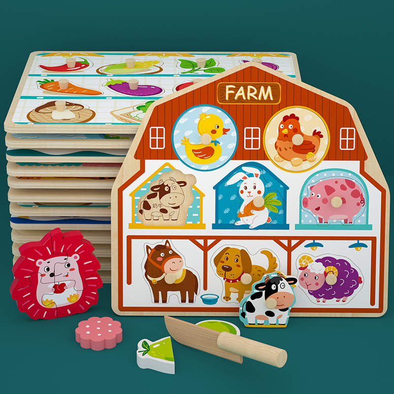 Hand-held Puzzle Baby Fruit Animal Traffic Cognition Boys and Girls Early Education Educational Building Blocks Children's Wooden Toys