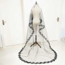 批发款新娘黑色头纱万圣节日COS写真造型黑色绣花蕾丝1.5/3米头纱