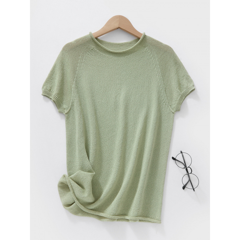 Japanese Paper Yarn Raglan Rolled Edge Knit Short-Sleeve Women's Summer New Round Neck Loose Top Thin T-Shirt Bamboo Yarn