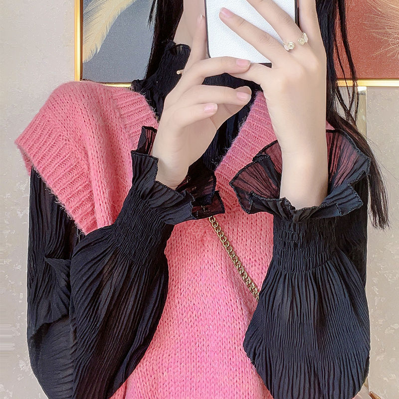 高领雪纺打底衫女秋冬2025新款洋气百褶蕾丝衫女上衣毛衣内搭纱衣|undefined