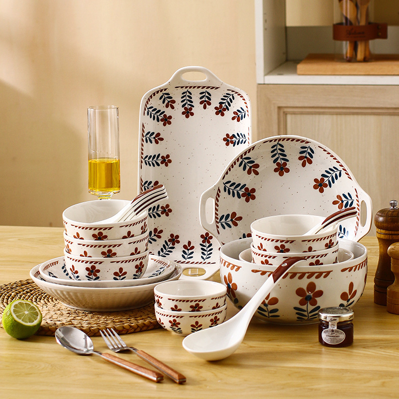 Japanese Style Flower Law Ceramic Dishes and Tableware Vintage Dishes and Dish Household Rice Bowl and Dish Dishes and Dish Underglaze Color Combination Set