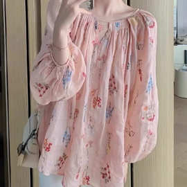 韩系甜美风粉色碎花衬衫女夏季新款设计感小众宽松长袖上衣潮