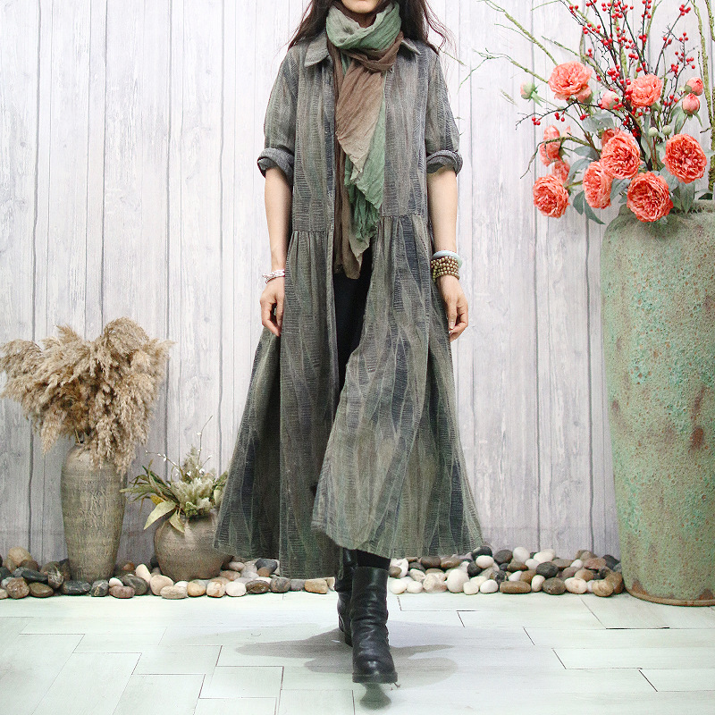 原创文艺洗水棉麻开衫秋季新款宽松大码长袖复古做旧色大摆长外套