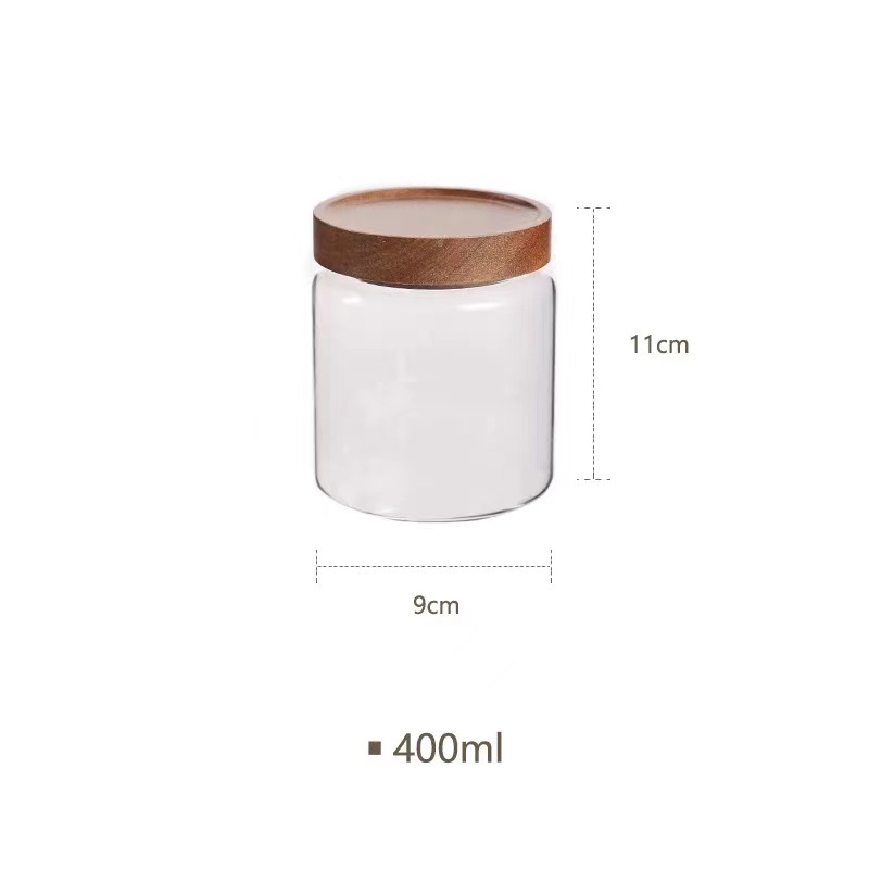 Frasco de almacenamiento de vidrio de borosilicato resistente al calor con tapa de madera de acacia, contenedor de almacenamiento para dulces y granos, frasco de vidrio sellado con tapa de rosca.
