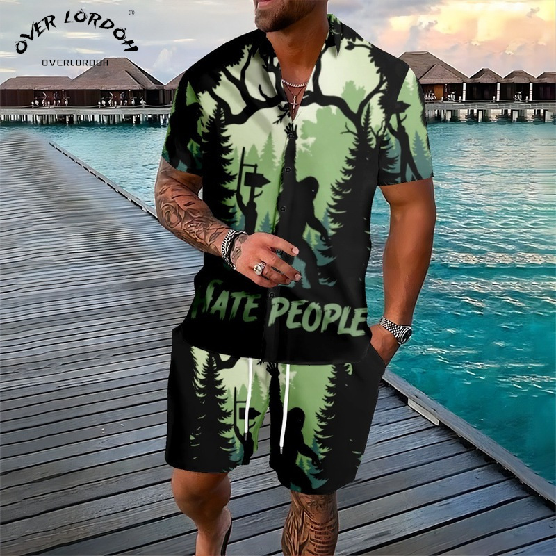 Cross Border Easter Shirt suit Four-Sided Forest Gorilla Full Print Shirt Beach Pants suit