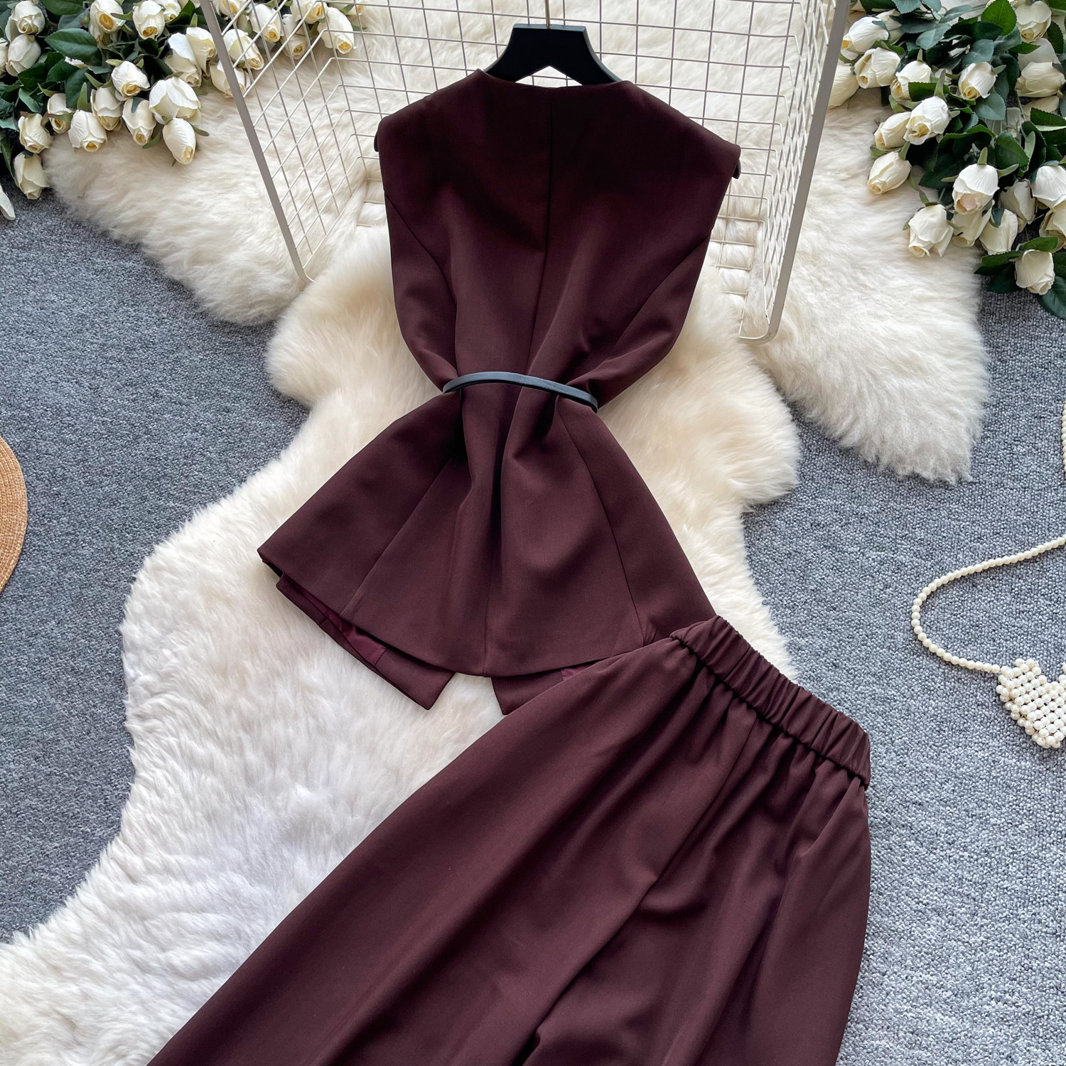 Korean Style Women's Cami Top And High-Waisted Wide Leg Pants Set - Summer Drawstring Waist Two Piece Outfit_ecoleips.com