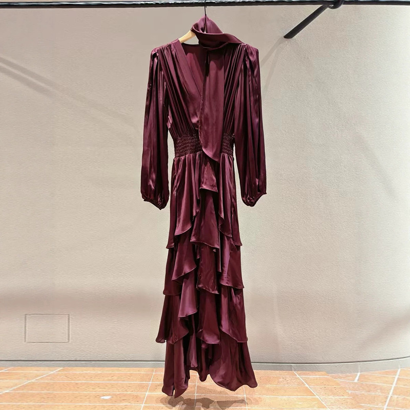 26 Early Autumn New French Elegant Irregular Ruffle Ribbon V-neck Waist-Cinching Rayon Long Dress for Women 26 Early Autumn New French Elegant Irregular Ruffle Ribbon V-neck Waist-Cinching Rayon Long Dress for Women