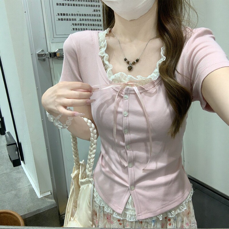 Women's Short-Sleeved T-Shirt with Lace Splicing, Round Neck, Slim Fit Top, New Summer Style, Sweet Style, Fake Two-Piece, Early Autumn Inner Wear