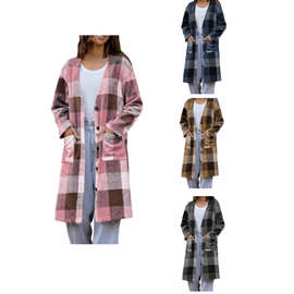 2025亚马逊欧美跨境休闲毛呢格子中长款口袋纽扣长袖开衫时尚外套
