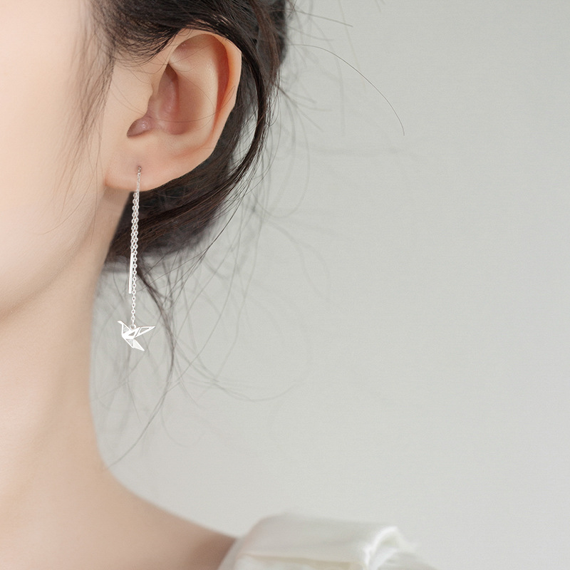 Pendientes de borla de Plata de Ley 925 para mujeres 2021 nuevos pendientes de grúa de papel de moda pendientes largos elegantes pendientes image 3