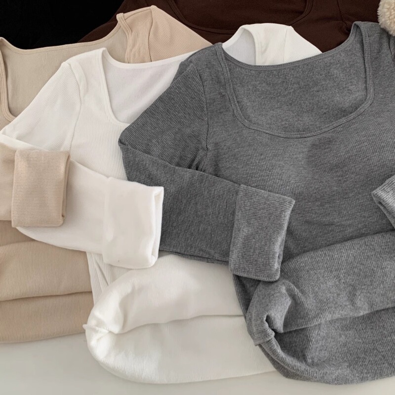 Women's Long-sleeved Sanding T-shirt with Chest Pad Square Collar for Autumn and Winter Thickened Warm Slim-fit Slimming All-match Base-layer Shirt Top for Women