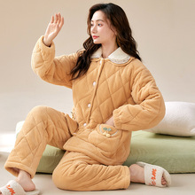 冬季珊瑚绒三层夹棉睡衣女冬款加厚加绒法兰绒甜美保暖家居服套装