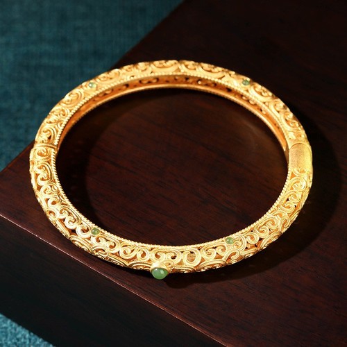  national trend cloud pattern ancient method color-preserving gold-plated Hetian jade inlaid with natural jasper Ruyi hollow ring and earrings set