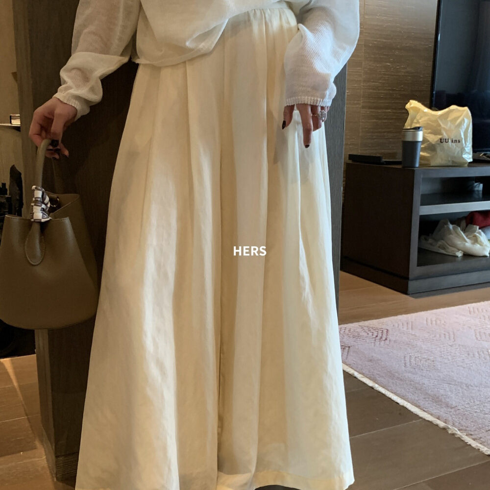 Quần culottes nữ ống rộng cạp cao thun lưng dáng suông phong cách Nhật — Thẻ hồng, màu trắng