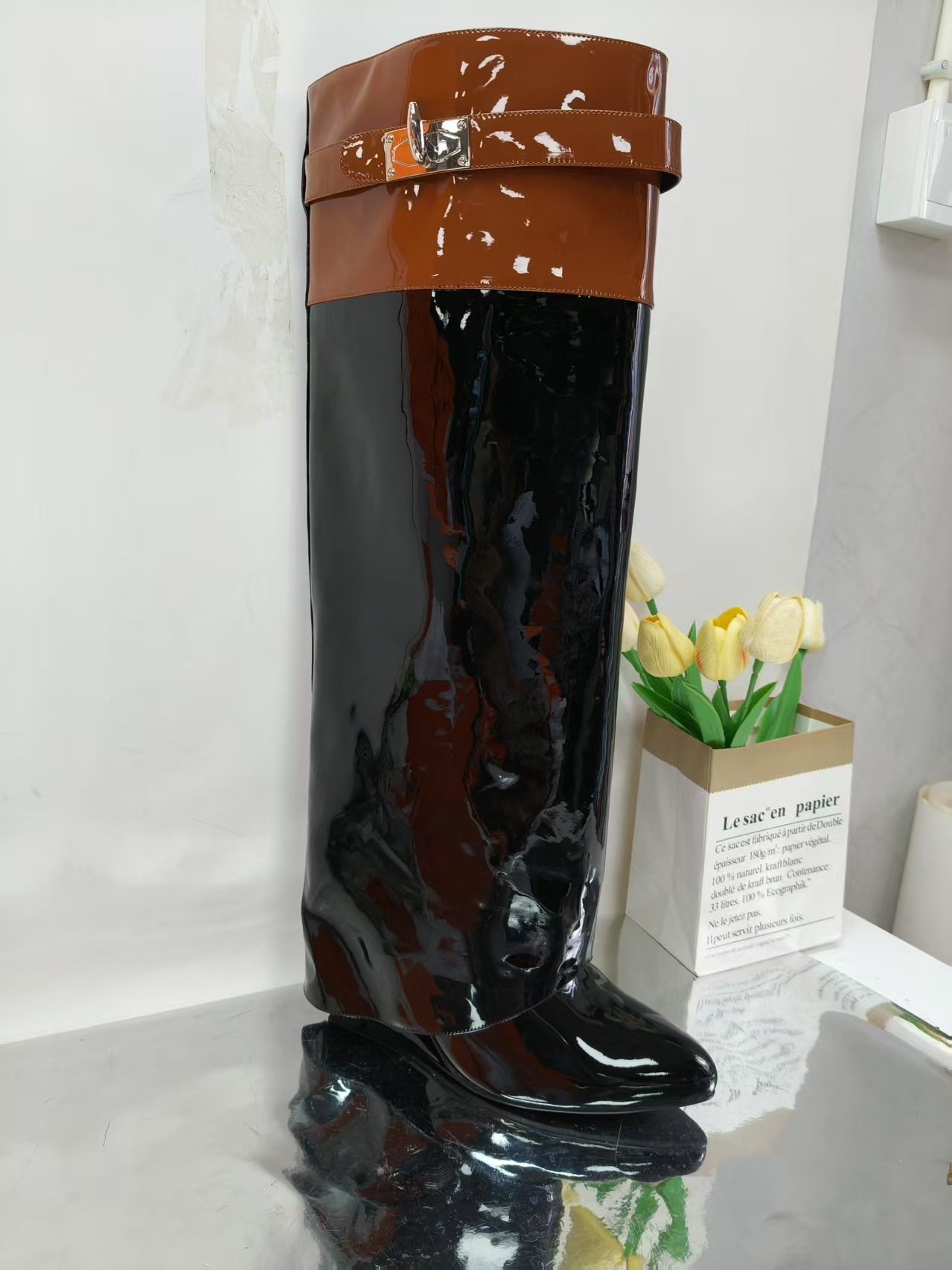 Black with brown patent leather