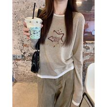 2025新款春秋韩系松弛感撞色打底衫女慵懒假两件长袖内搭T恤上衣