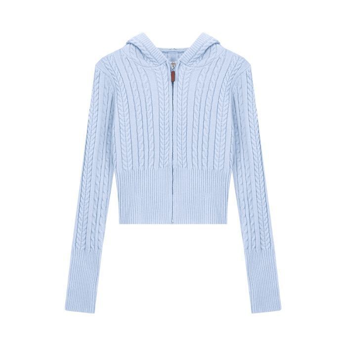 Gentle Style Twist-Knit Hooded Cardigan for Women, Autumn and Winter Korean Style Lazy Zipper Sweater Coat, Slim-Fit Short Top