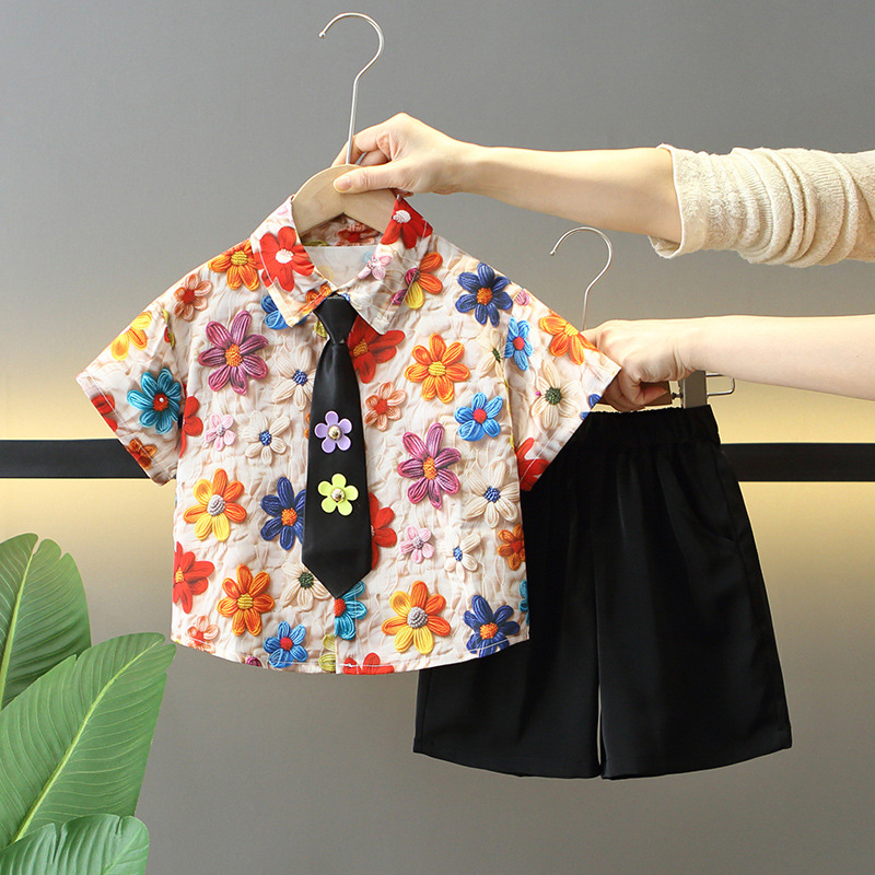 7957 Traje para niños 2025 verano nuevo estilo niño camisa de flores de moda coreana de manga corta ropa de verano de dos piezas