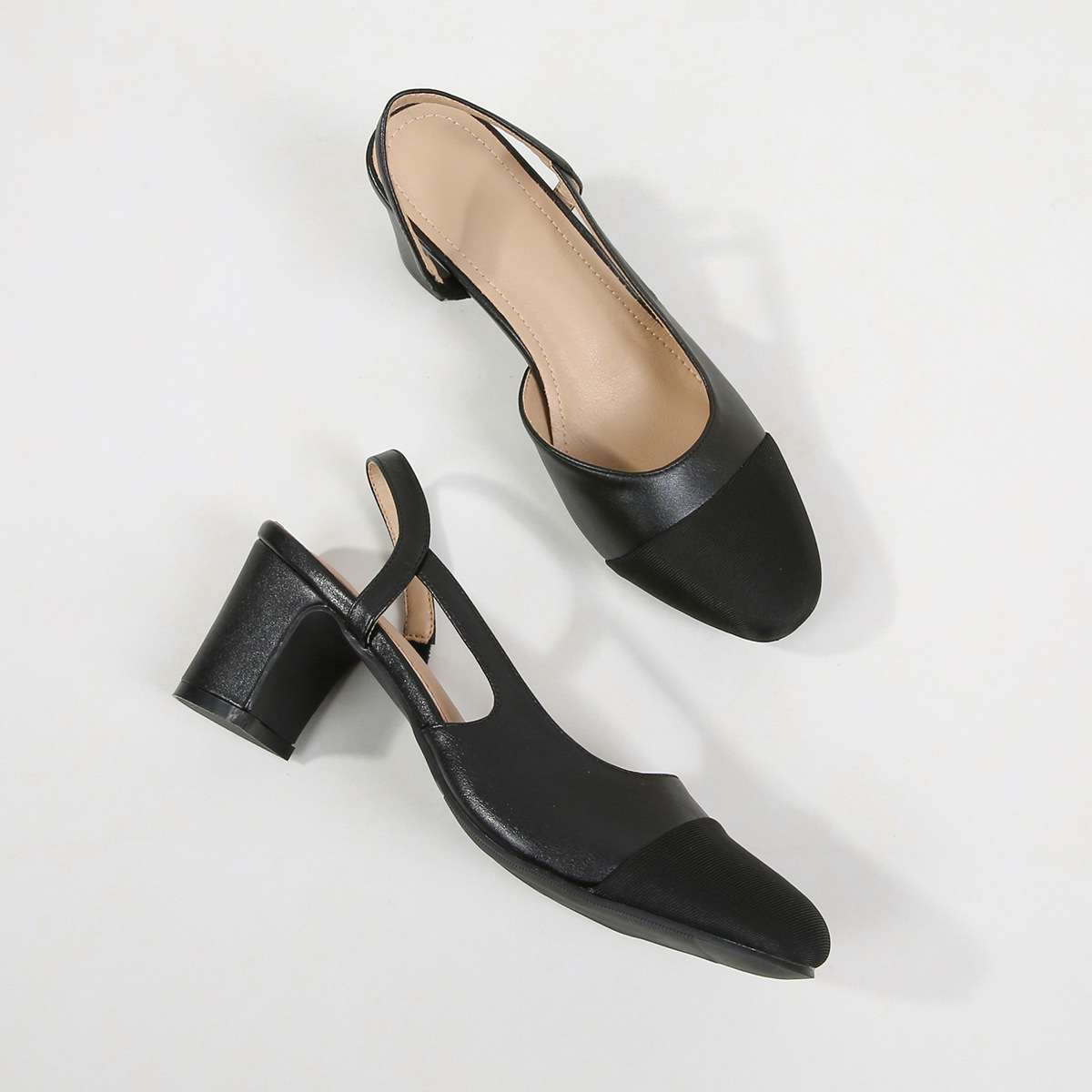 El Comercio exterior transfronterizo más el tamaño de las mujeres de los zapatos de tacón bajo de nuevo vacío cerrado toe sandalias de las mujeres planas de tacón alto del bloque del color del talón zapatos de una sola capa Mediados de zapatos de tacón