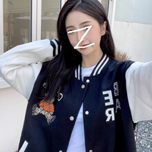 加绒棒球服女宽松显瘦韩版秋冬卫衣上衣外套卡通可爱潮设计感