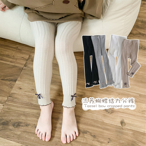  Autumn New Amazon Hot Selling Children's Trousers Highly Elastic and Breathable Fungus Trimmed Bow Leggings Cross-Border