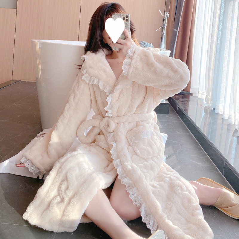 2024 새로운 도착 잠옷 여성의 가을과 겨울 달콤한 섹시한 산호 양털 두꺼운 긴 잠옷 여성의 봄과 가을 목욕 가운
